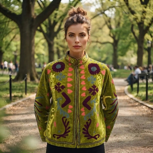 Boho Velvet Suzani Jacket Hand Embroidered | Open Front Coat Winter Wear Free Size Robe | Retro Chic smoking jacket — Blazer Gift for Her