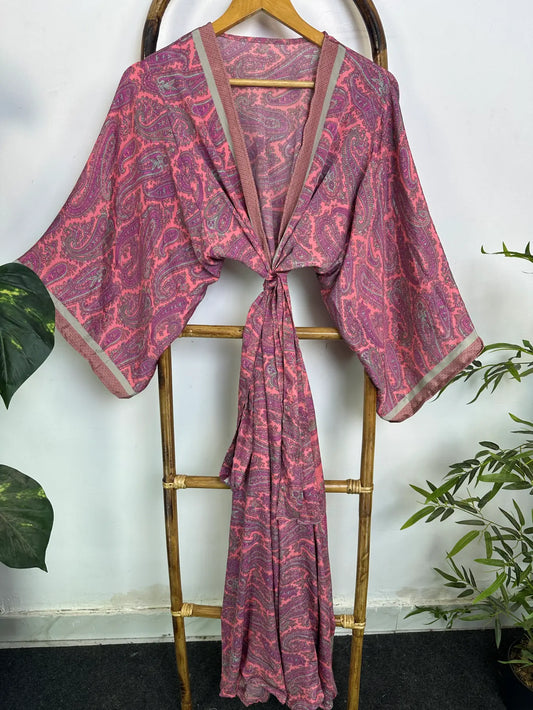 Upcycle Boho Silk Long Women kimono, Boho Chic Robe House Beach Cover Up Vintage Bridesmaid Lounge Dressing Gown Resort Wear Gypsy Nightwear