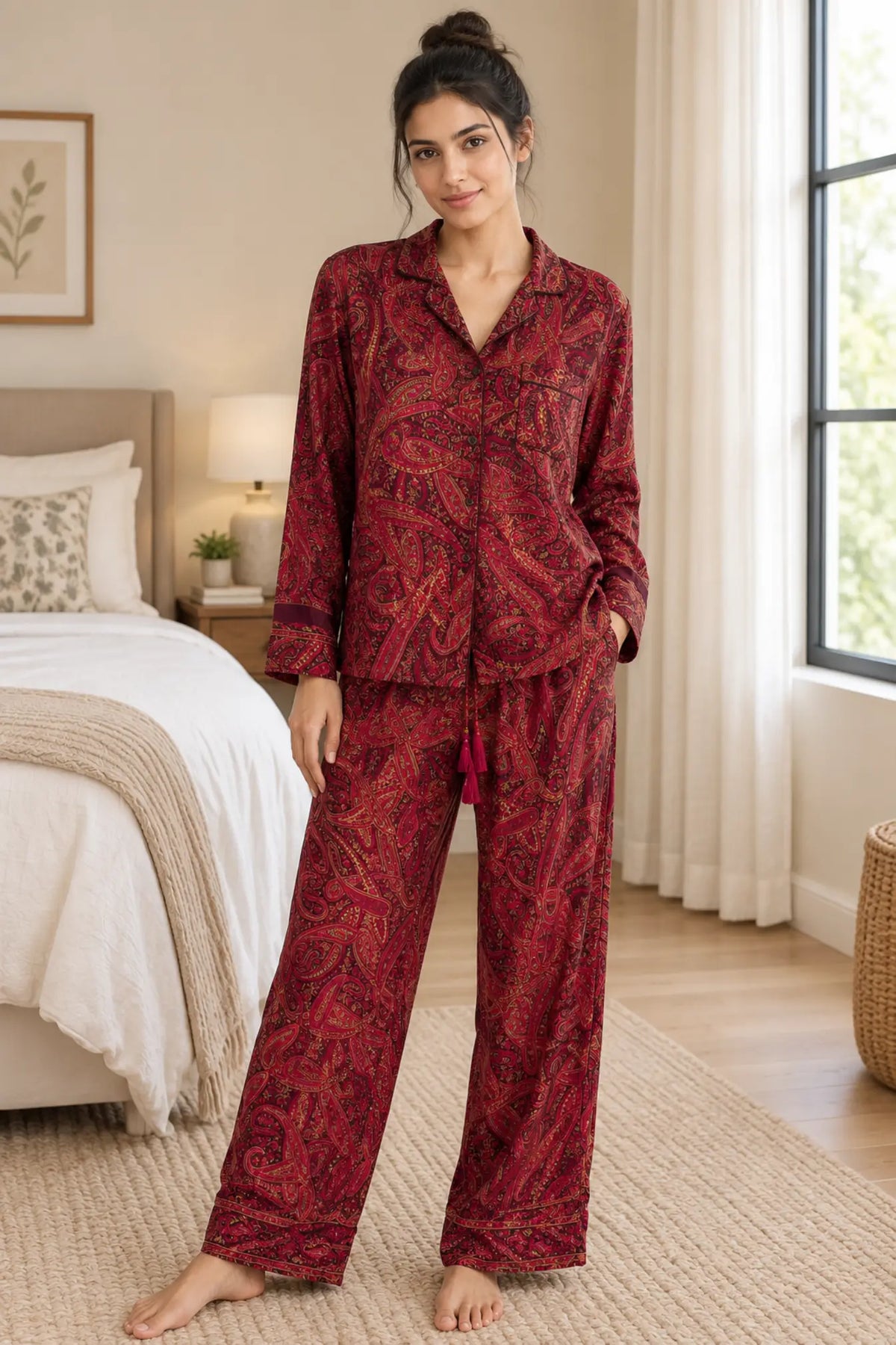 Recycled Silk Sari Pajama Set, Handmade Silk Blend Sleepwear with Pockets, Button Down Top, Drawstring Pants, Boho Gift for Her