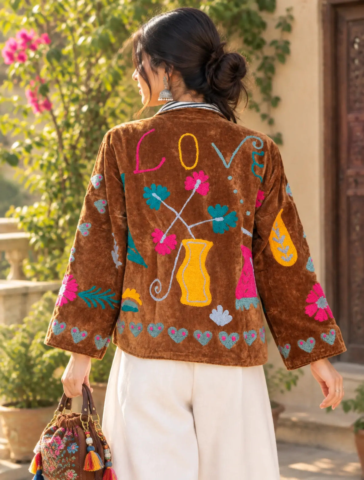 Boho Hand Embroidered Velvet Suzani Jacket, Brown Floral Open Front Coat Winter Wear Free Size Robe Retro Chic Free Size Robe Blazer for Her