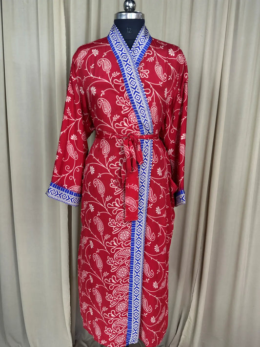 Recycle Silk Sari Women Kimono | Boho Chic Beach Cover Up Vintage Lounge Dressing Robe l Resort Wear Regal Gypsy House Robe | Red Floral