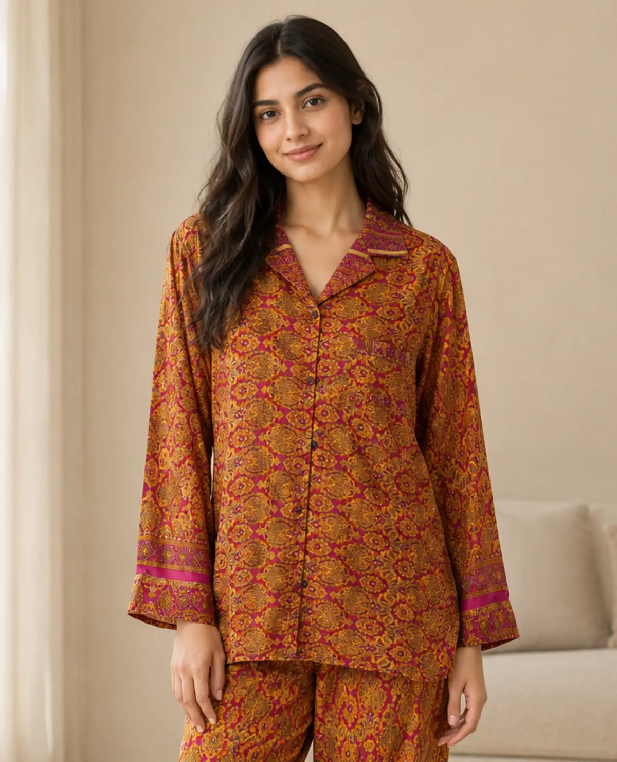 Recycled Silk Sari Pajama Set, Handmade Silk Blend Sleepwear with Pockets, Button Down Top, Drawstring Pants, Boho Gift for Her