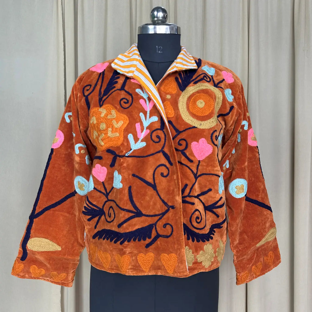 Boho Hand Embroidered Velvet Suzani Jacket, Brwon Floral Open Front Coat Winter Wear Free Size Robe Retro Chic Free Size Robe Blazer for Her
