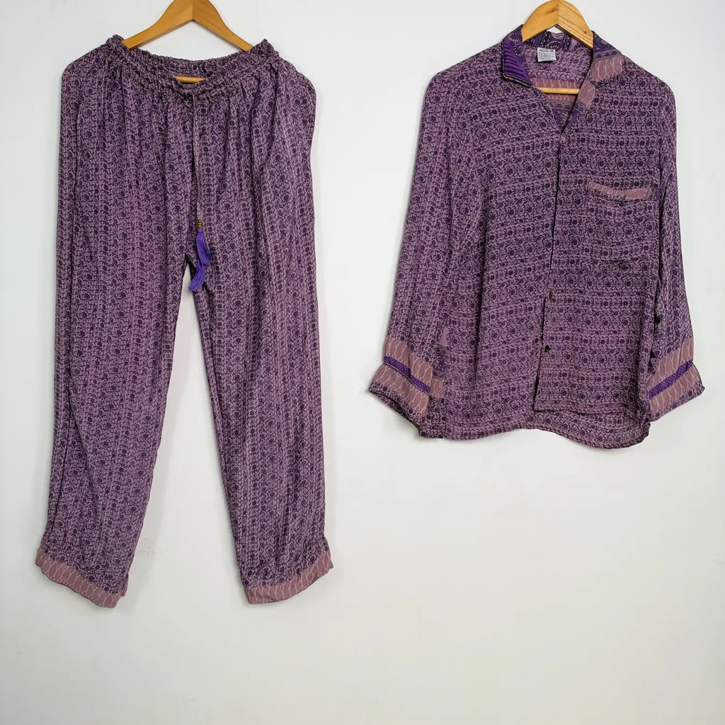 Women's Recycled Silk Sari Pajama Set, Handmade Family Pajamas, Colorful Sleepwear, Short Sleeve Top, Drawstring Pants, Holiday Gift for Mom