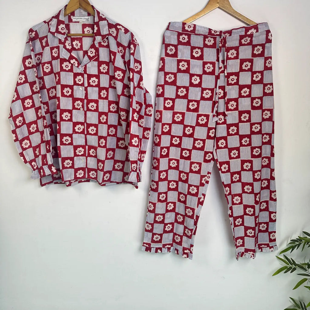 100% Cotton Pyjama Set for Women, Floral PJs, Handblock Print Sleepwear, Button Down Top and Matching Trousers