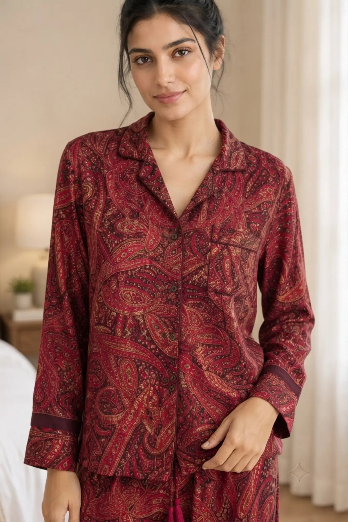 Recycled Silk Sari Pajama Set, Handmade Silk Blend Sleepwear with Pockets, Button Down Top, Drawstring Pants, Boho Gift for Her