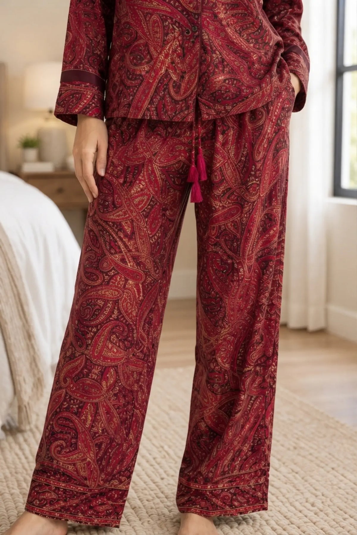 Recycled Silk Sari Pajama Set, Handmade Silk Blend Sleepwear with Pockets, Button Down Top, Drawstring Pants, Boho Gift for Her
