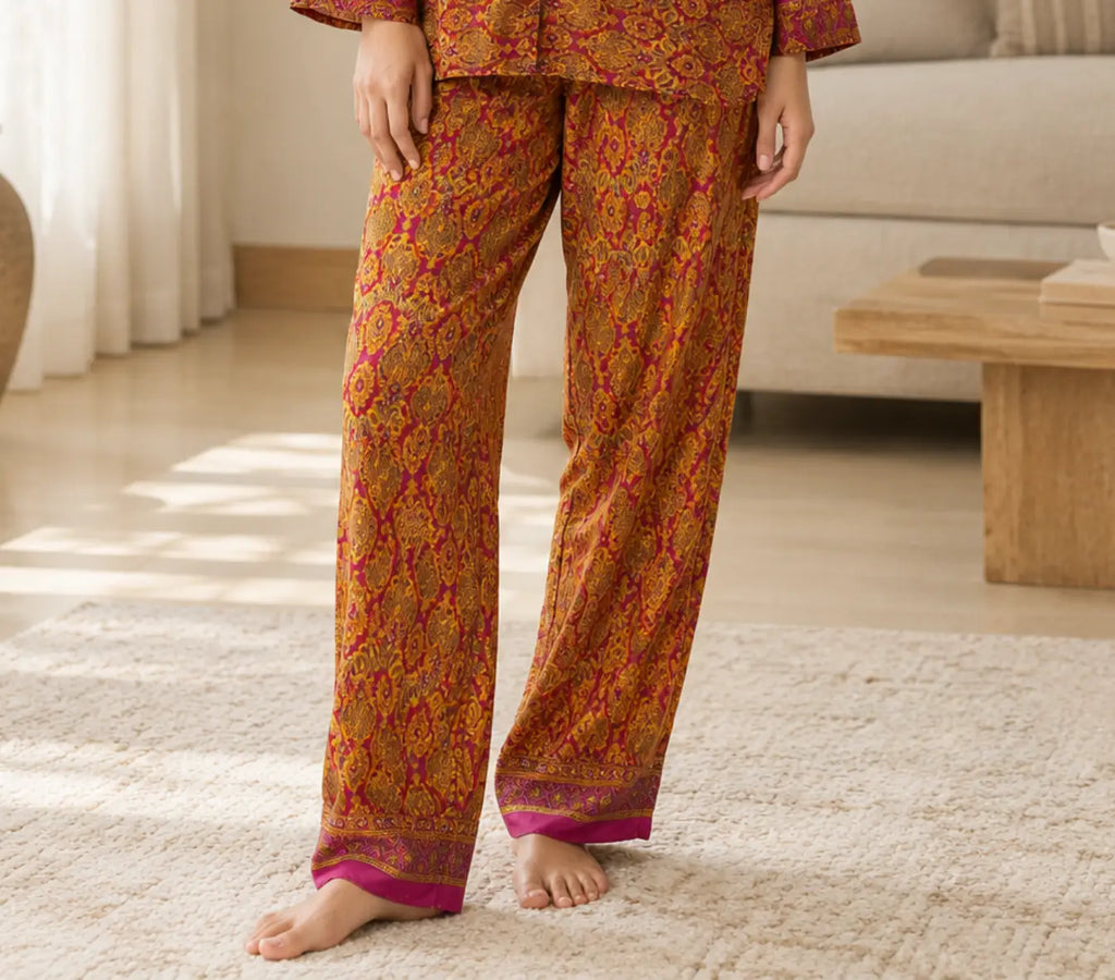 Recycled Silk Sari Pajama Set, Handmade Silk Blend Sleepwear with Pockets, Button Down Top, Drawstring Pants, Boho Gift for Her