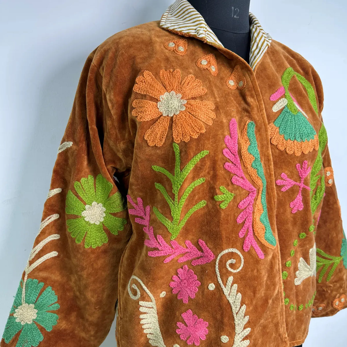 Boho Hand Embroidered Velvet Suzani Jacket, Brown Floral Open Front Coat Winter Wear Free Size Robe Retro Chic Free Size Robe Blazer for Her