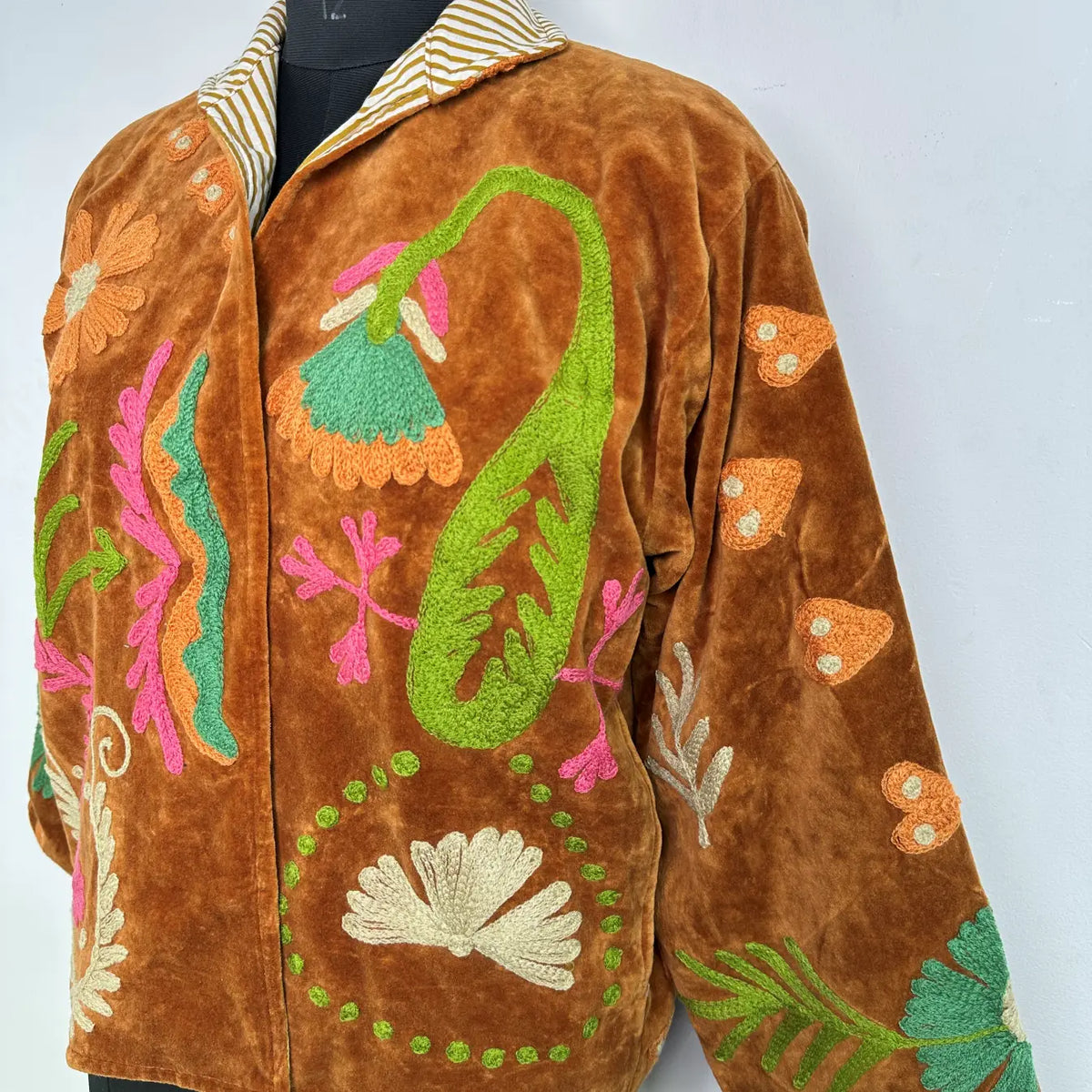 Boho Hand Embroidered Velvet Suzani Jacket, Brown Floral Open Front Coat Winter Wear Free Size Robe Retro Chic Free Size Robe Blazer for Her