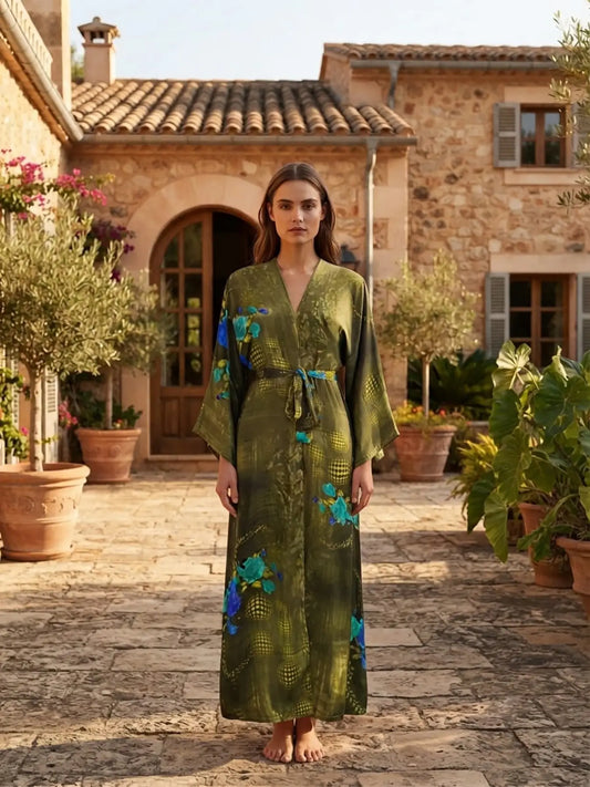 Upcycle Boho Silk Long Women kimono, Boho Chic Robe House Beach Cover Up Vintage Bridesmaid Lounge Dressing Gown Resort Wear Gypsy Nightwear