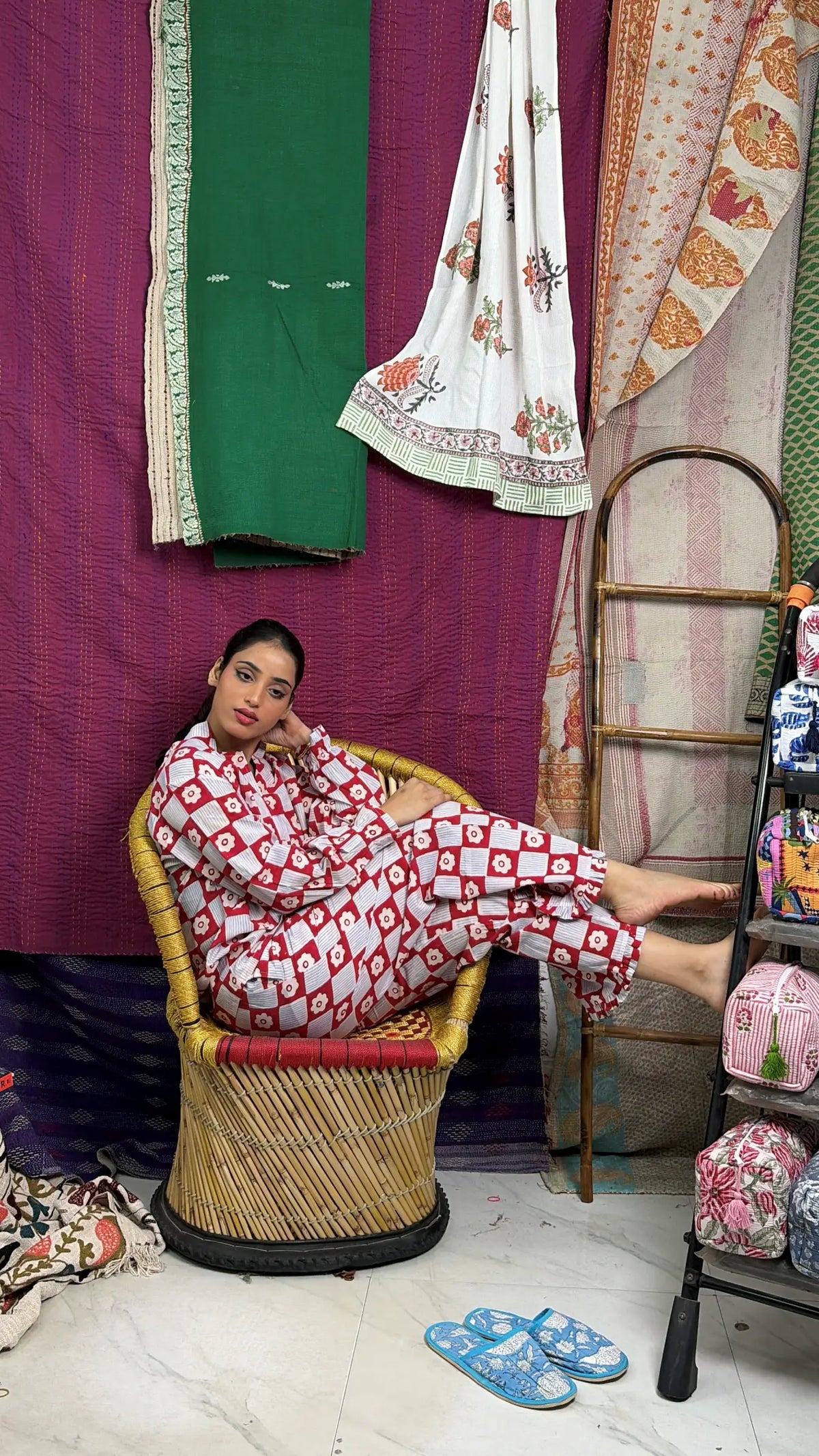 100% Cotton Pyjama Set for Women, Floral PJs, Handblock Print Sleepwear, Button Down Top and Matching Trousers