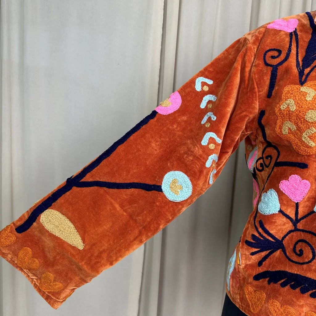 Boho Hand Embroidered Velvet Suzani Jacket, Brwon Floral Open Front Coat Winter Wear Free Size Robe Retro Chic Free Size Robe Blazer for Her
