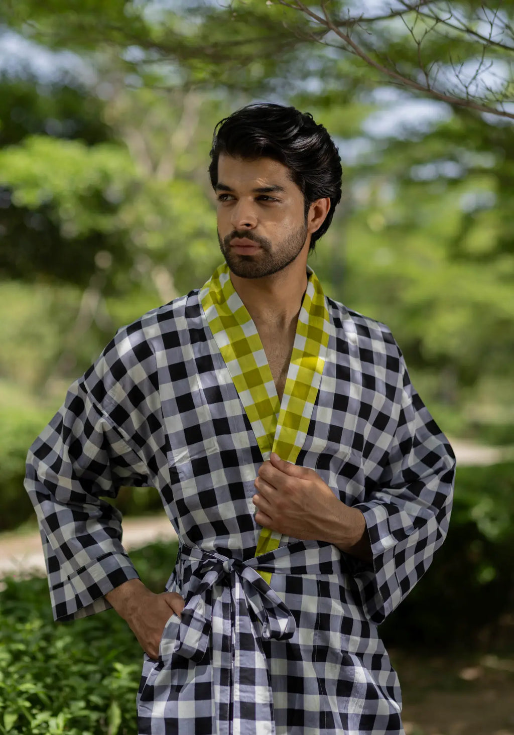 Unisex Cotton Kimono Robe in geometric