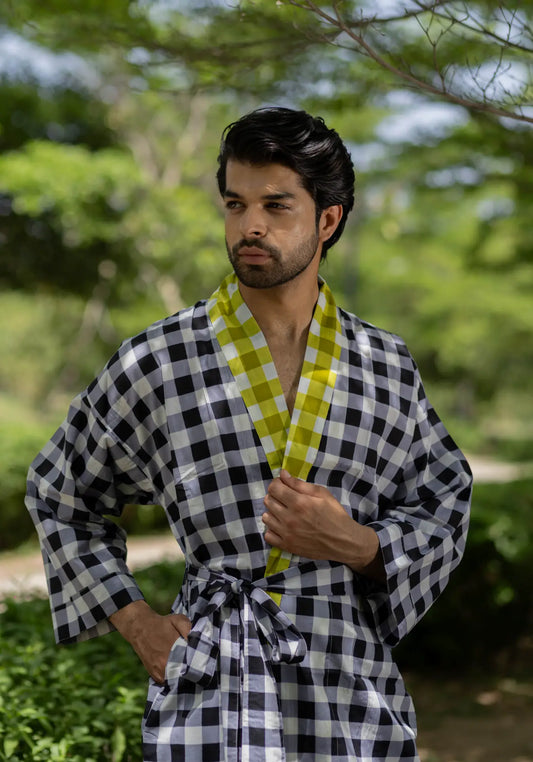 Pure Cotton Boho Men Kimono Robe | Geometric Luxury Dressing Gown Summer Loungewear, Breathable Unisex Bathrobe Relaxed Fit Beach Outfit