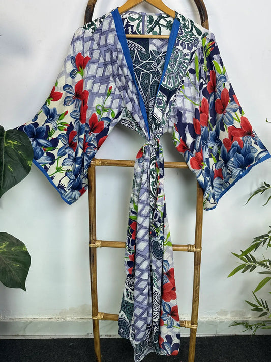 Upcycle Boho Silk Long Women kimono, Boho Chic Robe House Beach Cover Up Vintage Bridesmaid Lounge Dressing Gown Resort Wear Gypsy Nightwear