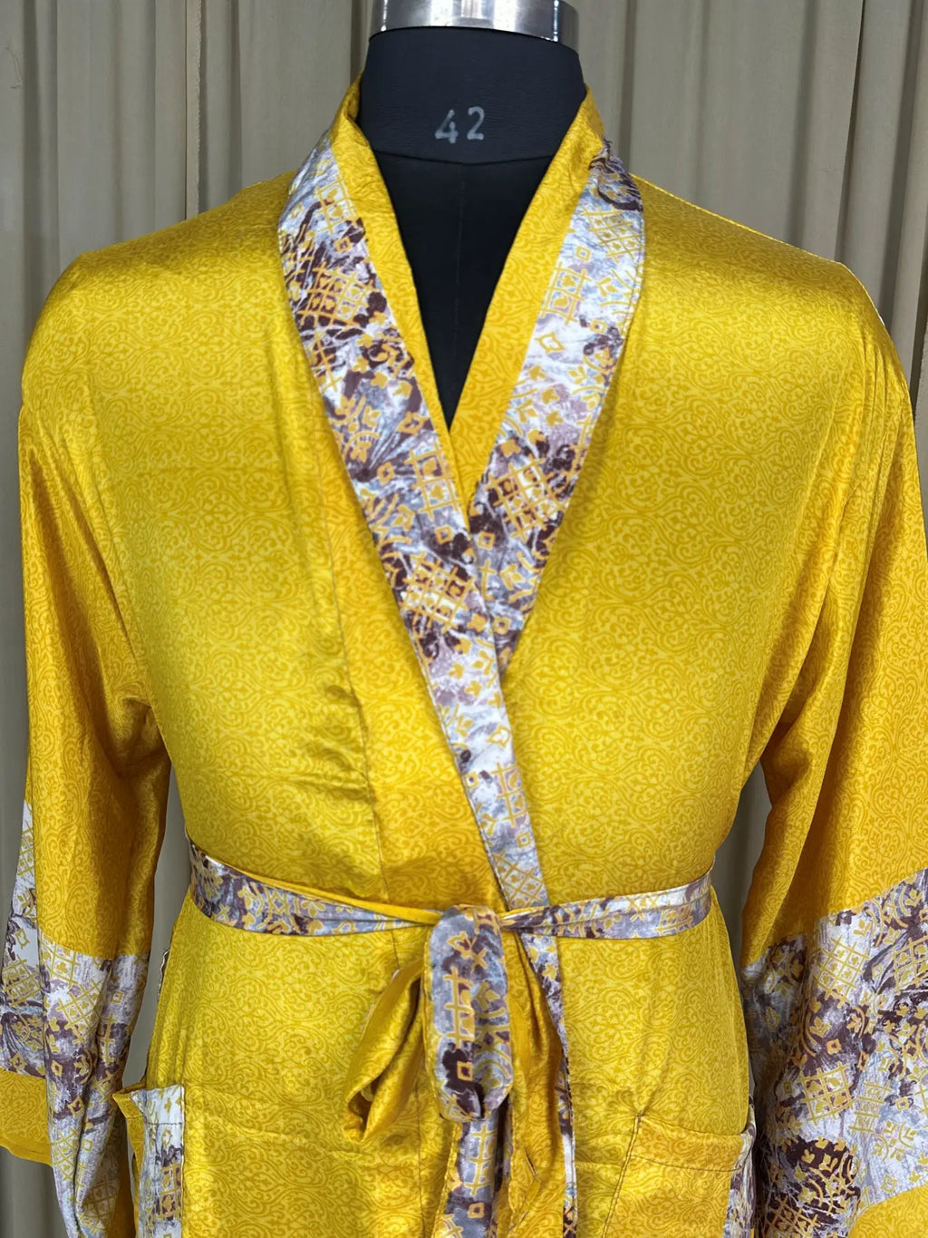 Men's Silky Kimono Robe in yellow floral