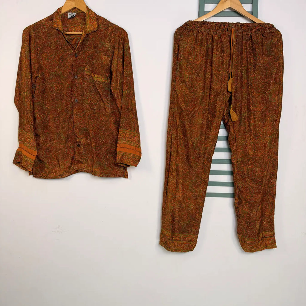 Recycled Sari Silk Blend Nightsuit, Short Sleeve Pajama Set with Side Pockets, Handmade Boho Sleepwear, Relaxed Fit, Gift for Her