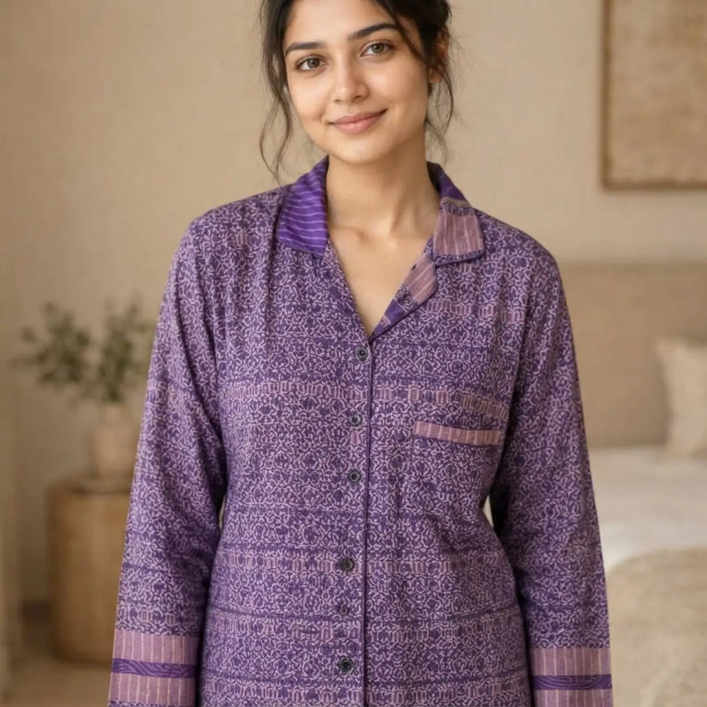 Women's Recycled Silk Sari Pajama Set, Handmade Family Pajamas, Colorful Sleepwear, Short Sleeve Top, Drawstring Pants, Holiday Gift for Mom