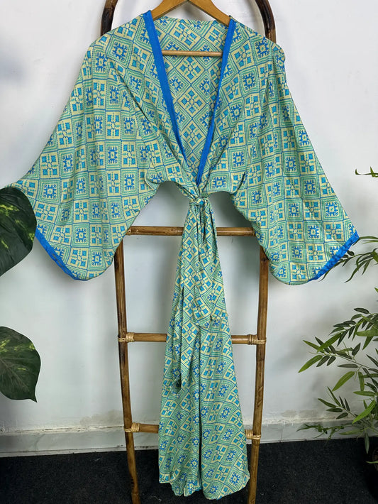 Upcycle Boho Silk Long Women kimono, Boho Chic Robe House Beach Cover Up Vintage Bridesmaid Lounge Dressing Gown Resort Wear Gypsy Nightwear