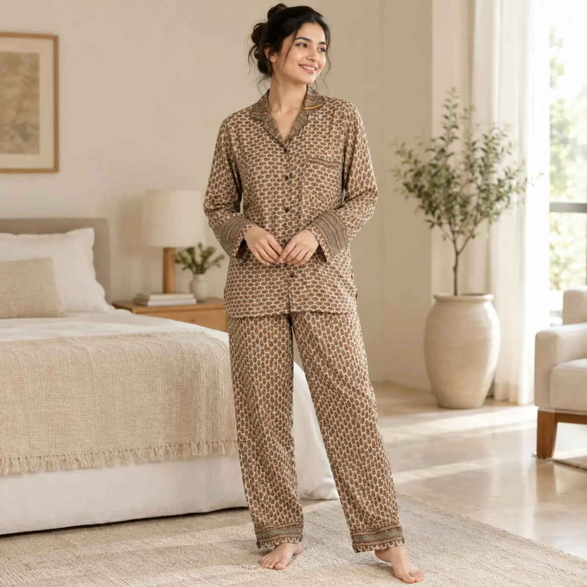 Recycled Sari Silk Blend Nightsuit, Short Sleeve Pajama Set with Side Pockets, Handmade Boho Sleepwear, Relaxed Fit, Gift for Her