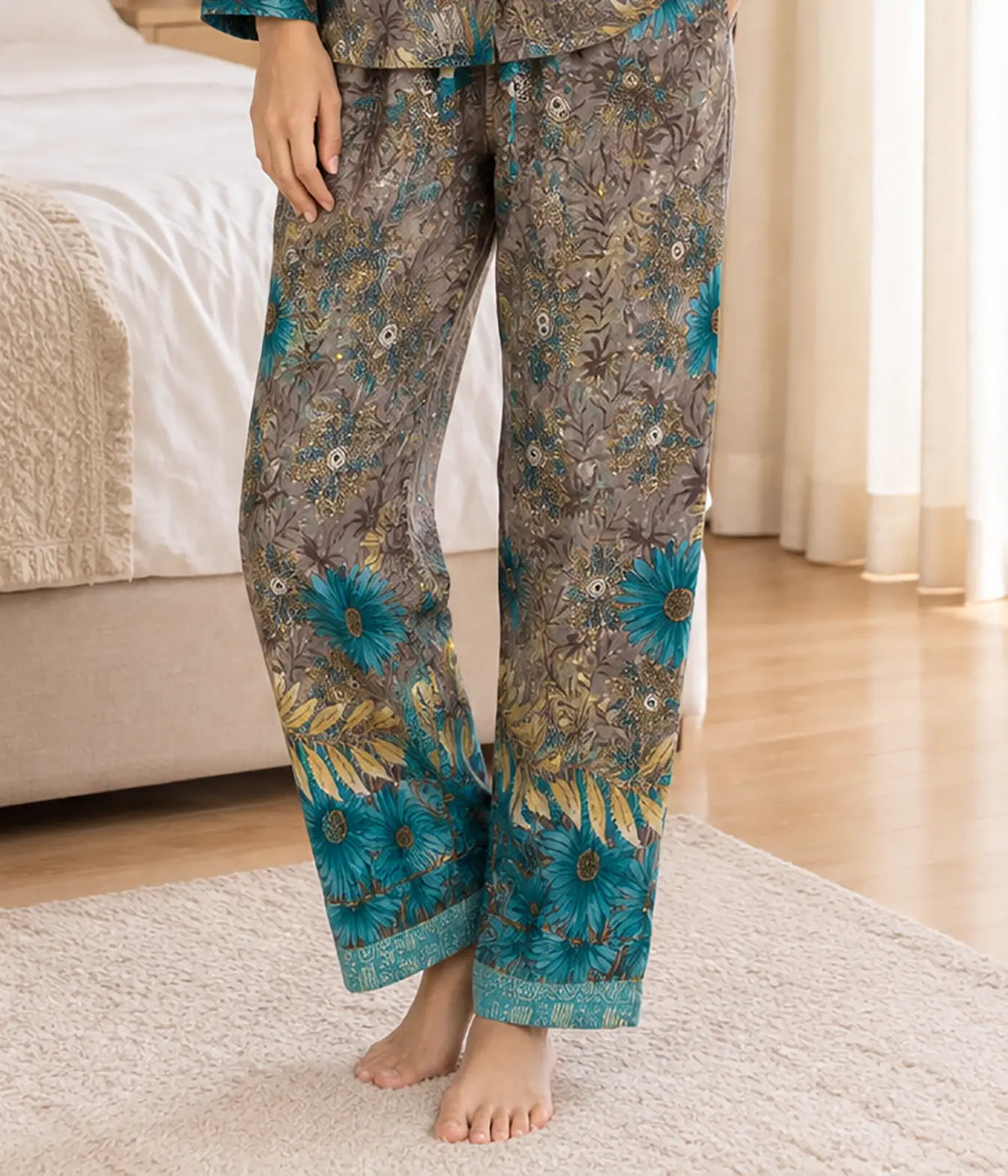Boho Silk Sari Pajama Set, Colorful Handmade Loungewear for Women with Pockets, Short Sleeve Button Down Top, Drawstring Pants, Gift