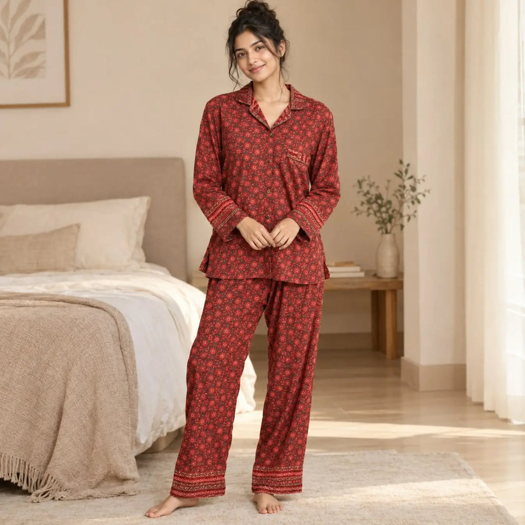 Recycled Silk Sari Pajama Set, Handmade Silk Blend Sleepwear with Pockets, Button Down Top, Drawstring Pants, Boho Gift for Her