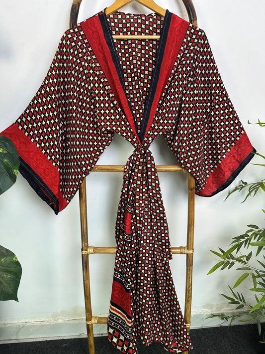 Upcycle Boho Silk Long Women kimono, Boho Chic Robe House Beach Cover Up Vintage Bridesmaid Lounge Dressing Gown Resort Wear Gypsy Nightwear