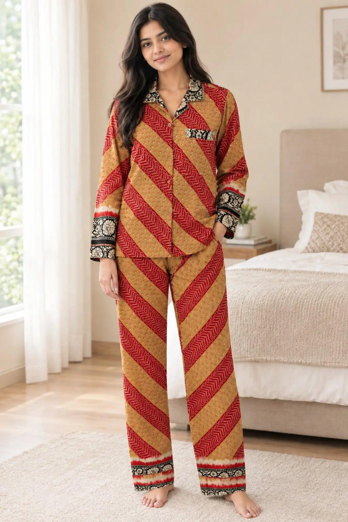 Silky Nightwear Pajama Set, Recycled Sari Silk Blend Luxury Lounge Set, Button Down Top, Drawstring Pants with Side Pockets, Gift