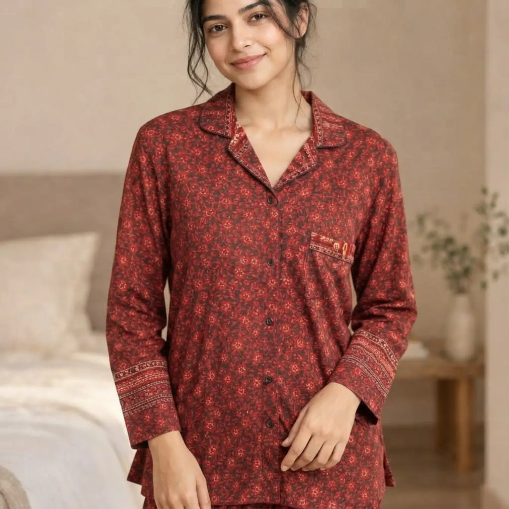 Recycled Silk Sari Pajama Set, Handmade Silk Blend Sleepwear with Pockets, Button Down Top, Drawstring Pants, Boho Gift for Her