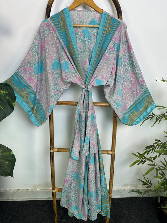 Upcycle Boho Silk Long Women kimono, Boho Chic Robe House Beach Cover Up Vintage Bridesmaid Lounge Dressing Gown Resort Wear Gypsy Nightwear