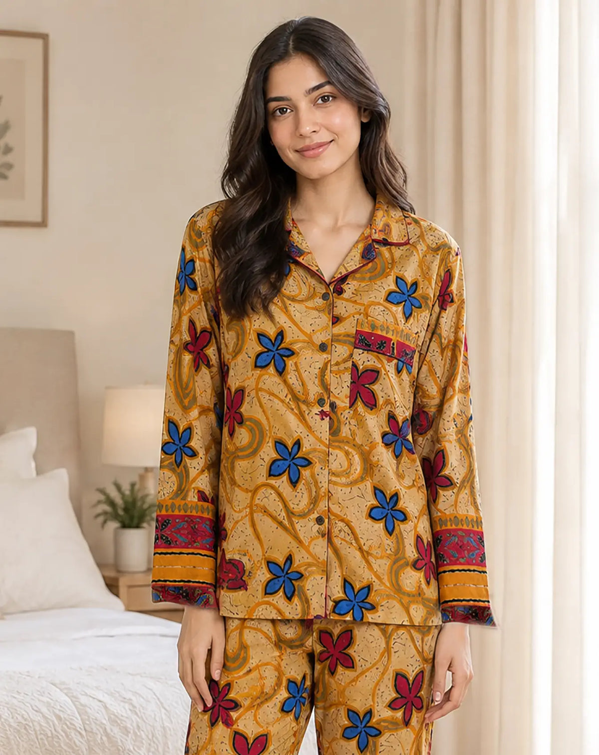 Handmade Recycled Sari Pajama Set, Boho Women's Clothing, Silk Blend Loungewear, Button Down Top, Drawstring Pants, Gift for Her