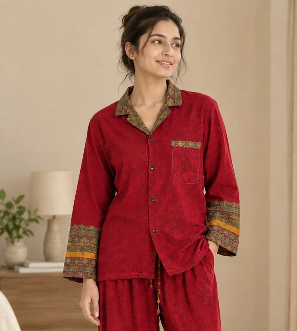 Boho Silk Sari Pajama Set, Colorful Handmade Loungewear for Women with Pockets, Short Sleeve Button Down Top, Drawstring Pants, Gift