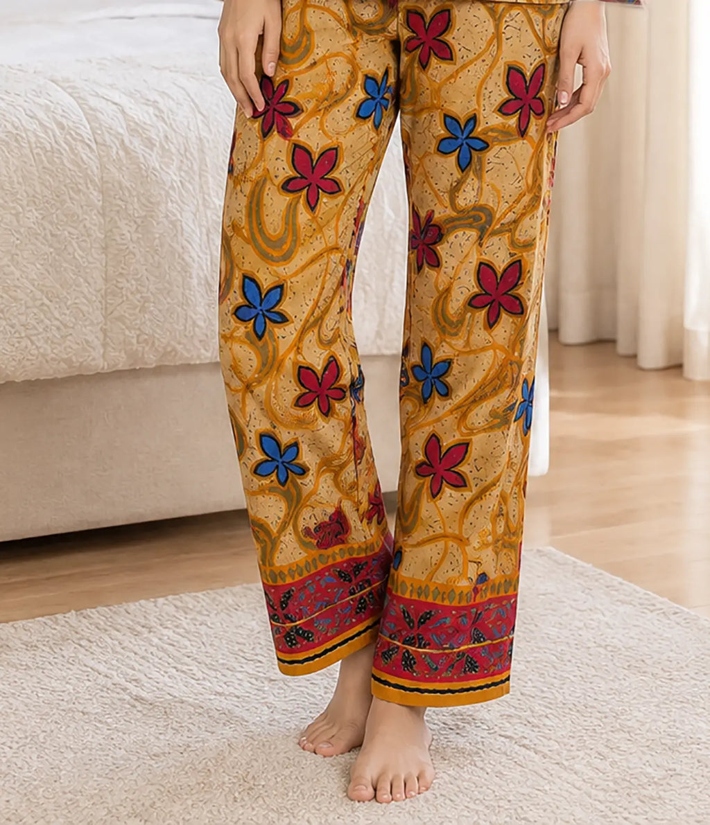 Handmade Recycled Sari Pajama Set, Boho Women's Clothing, Silk Blend Loungewear, Button Down Top, Drawstring Pants, Gift for Her
