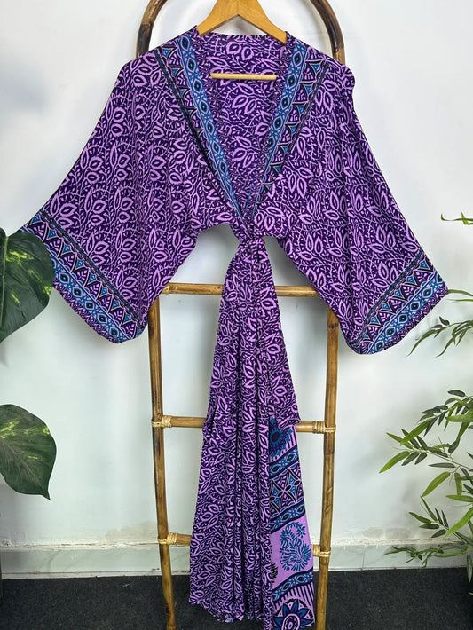 Upcycle Boho Silk Long Women kimono, Boho Chic Robe House Beach Cover Up Vintage Bridesmaid Lounge Dressing Gown Resort Wear Gypsy Nightwear