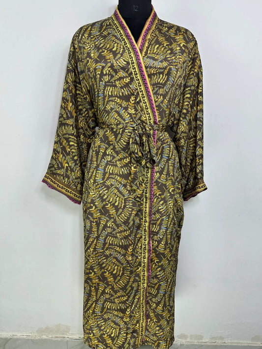 Recycle Silk Sari Women Kimono | Boho Chic Robe House | Beach Cover Up Vintage Bridesmaid Lounge Dressing Gown l Resort Wear Gypsy Nightwear