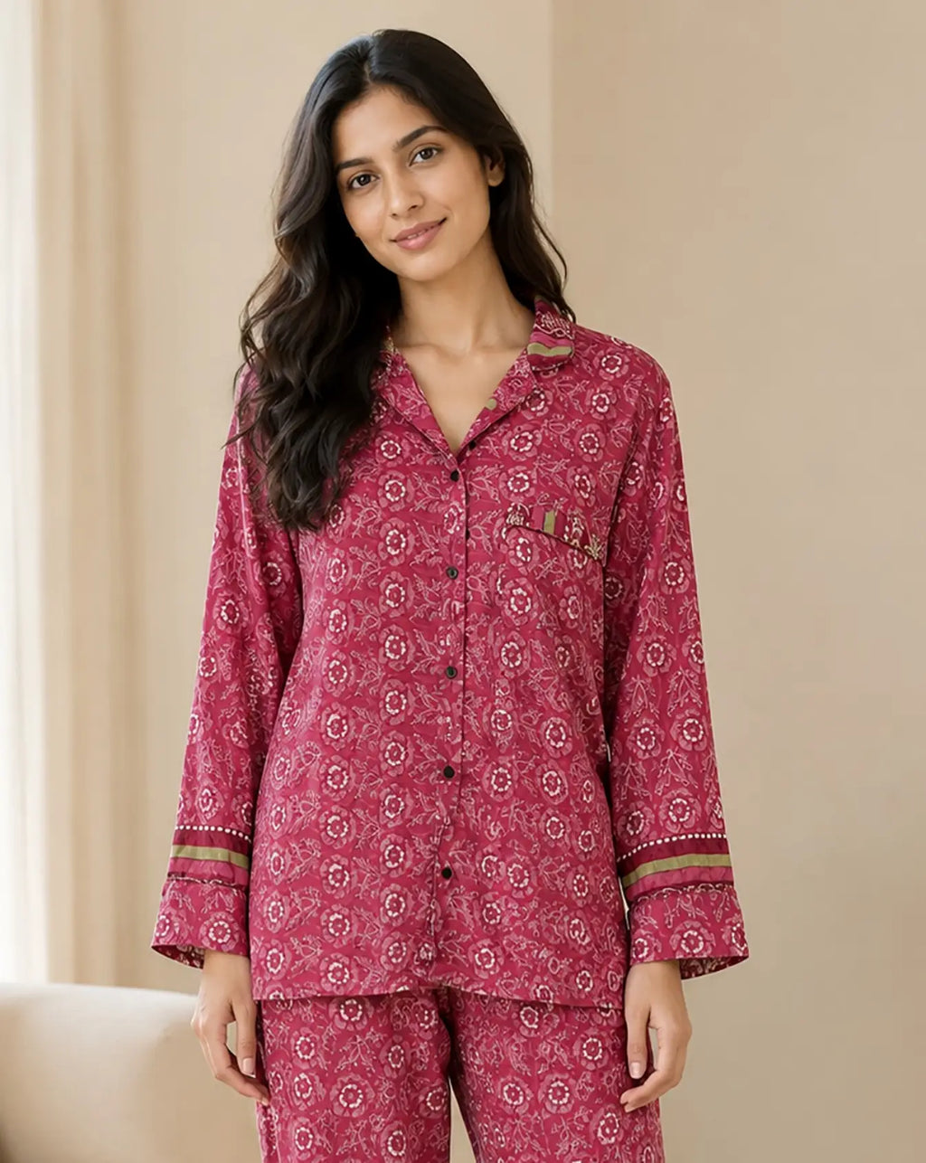 Boho Silk Sari Pajama Set, Colorful Handmade Loungewear for Women with Pockets, Short Sleeve Button Down Top, Drawstring Pants, Gift