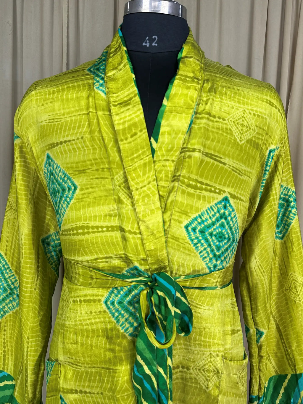 Silky Soft Menâ€™s Kimono Robe Masculine Elegant Classic Sustainable Vintage House Robe gift, Timeless Comfy Lounge Beach Wear Green Geometric