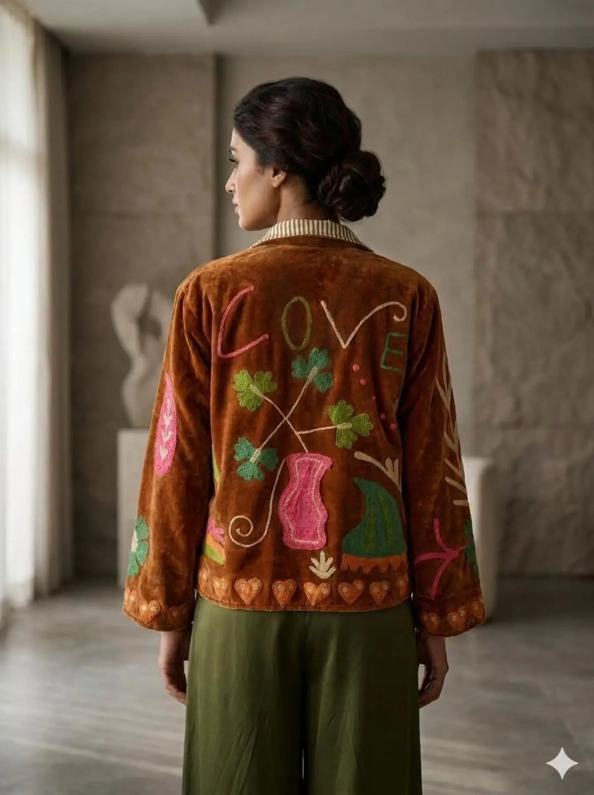 Boho Hand Embroidered Velvet Suzani Jacket, Brown Floral Open Front Coat Winter Wear Free Size Robe Retro Chic Free Size Robe Blazer for Her