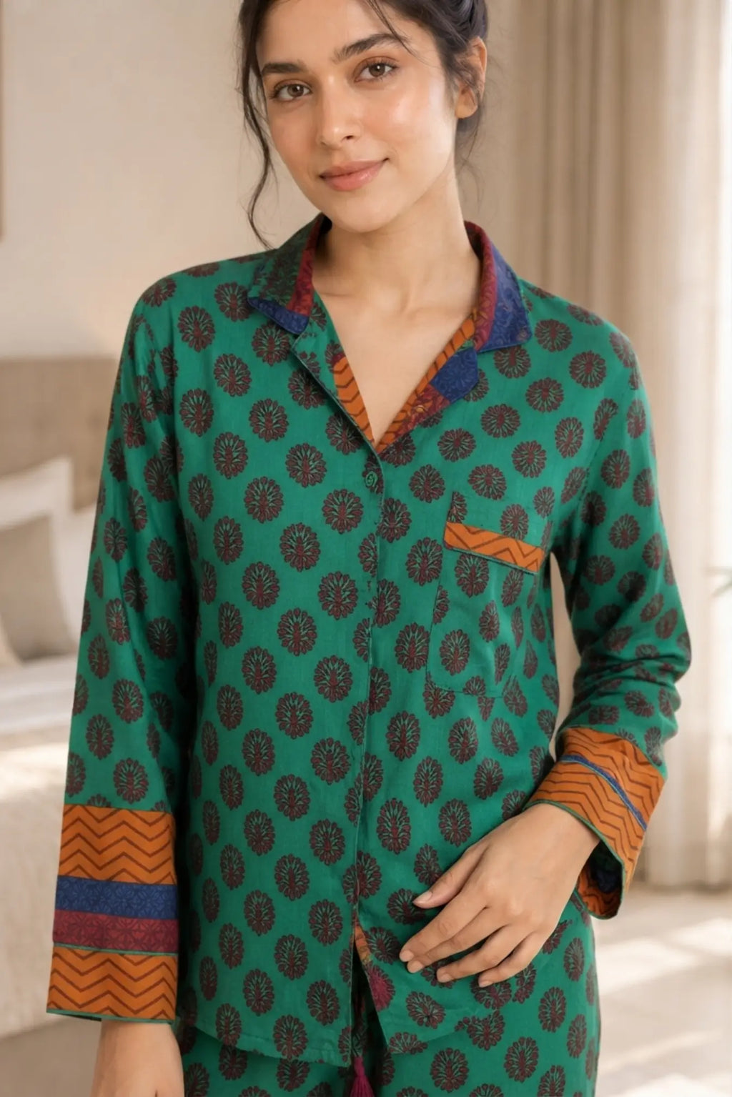 Boho Silk Sari Pajama Set, Colorful Handmade Loungewear for Women with Pockets, Short Sleeve Button Down Top, Drawstring Pants, Gift