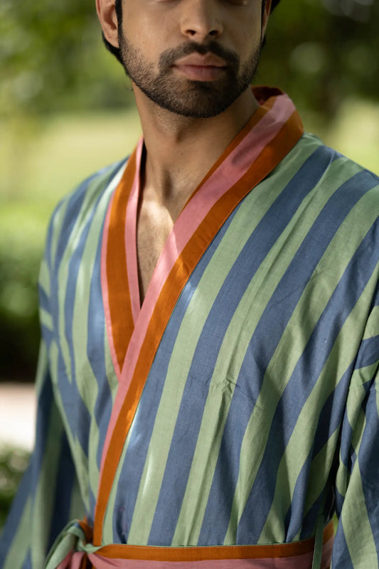 Pure Cotton Boho Men Kimono Robe | Geometric Luxury Dressing Gown Summer Loungewear, Reversible Unisex Bathrobe Relaxed Fit Beach Outfit