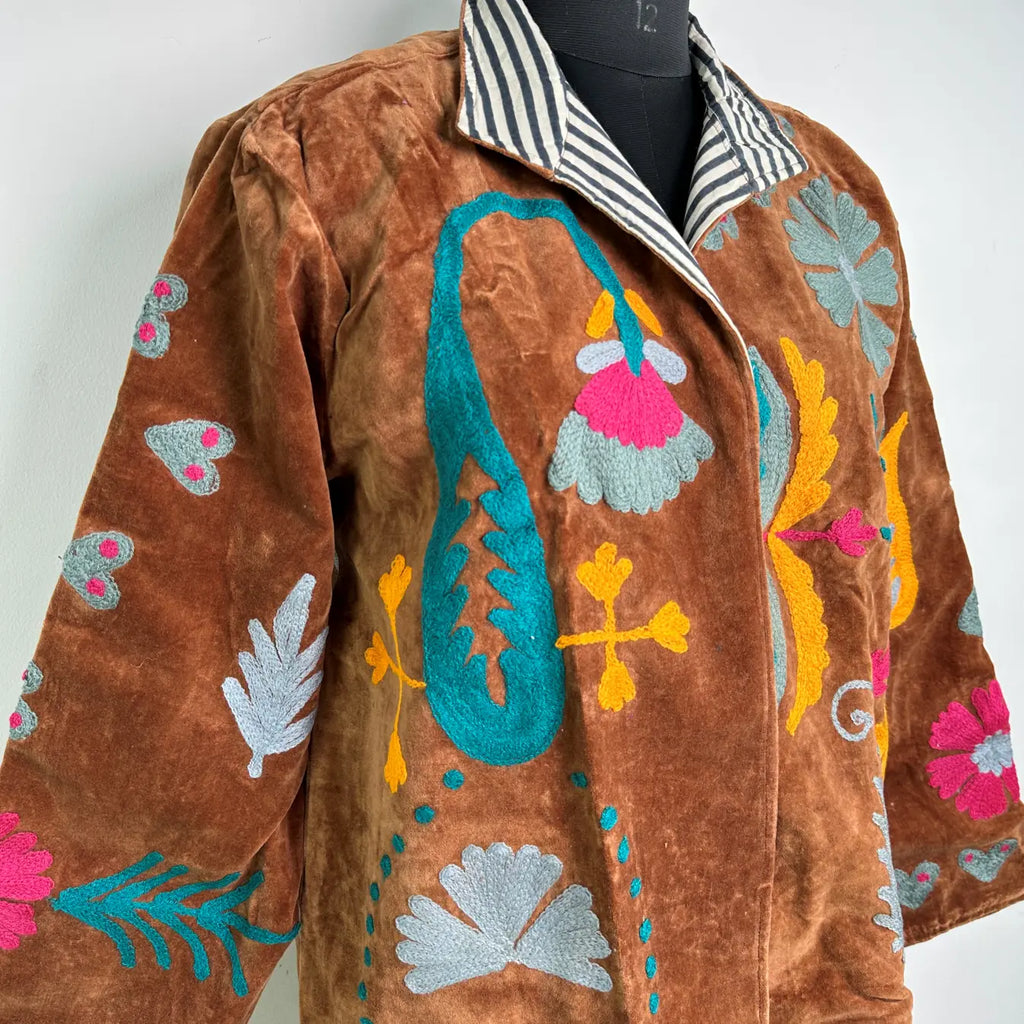 Boho Hand Embroidered Velvet Suzani Jacket, Brown Floral Open Front Coat Winter Wear Free Size Robe Retro Chic Free Size Robe Blazer for Her