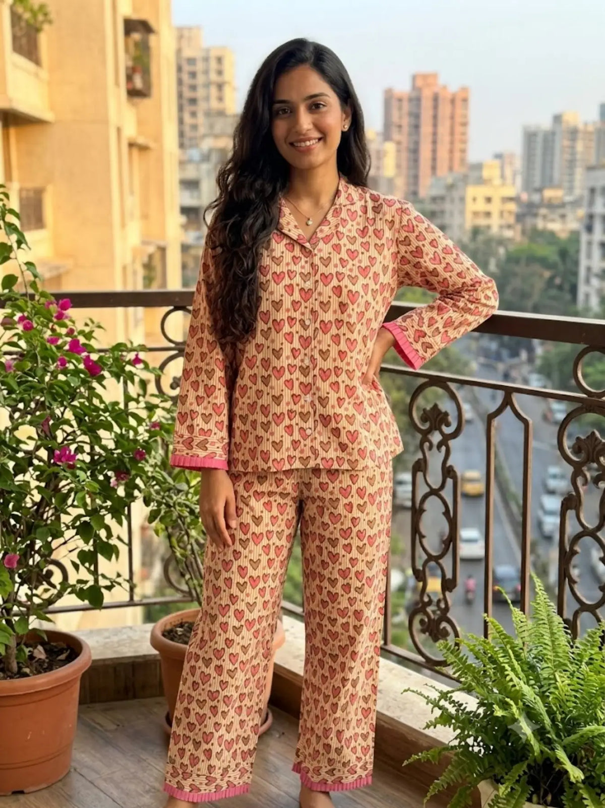 Women’s Cotton Pyjama Set, Pink Heart Print, Striped PJs, Handblock Loungewear, Holiday Sleepwear with Pockets and Travel Pouch Gift for Her