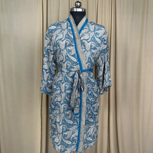 Vintage Silk Sari Boho Kimono, Luxury Loungewear House Robe Flowy Gown, Regal Paisley Romance Duster Beach CoverUp, Bridesmaid Dressing Gown