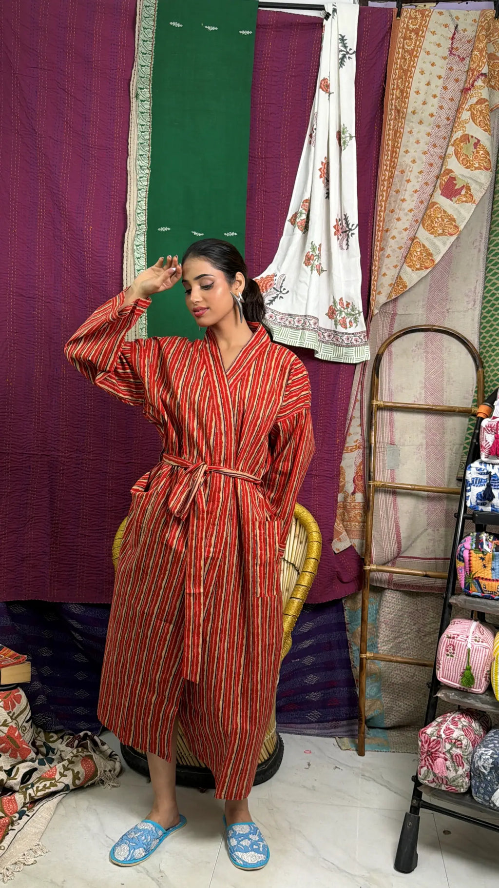Cotton Kimono Robe | Handblock Striped Summer House Robe, Dressing Gown, Boho Beach Coverup, Bridesmaid dress Womens clothing, Gift For Her