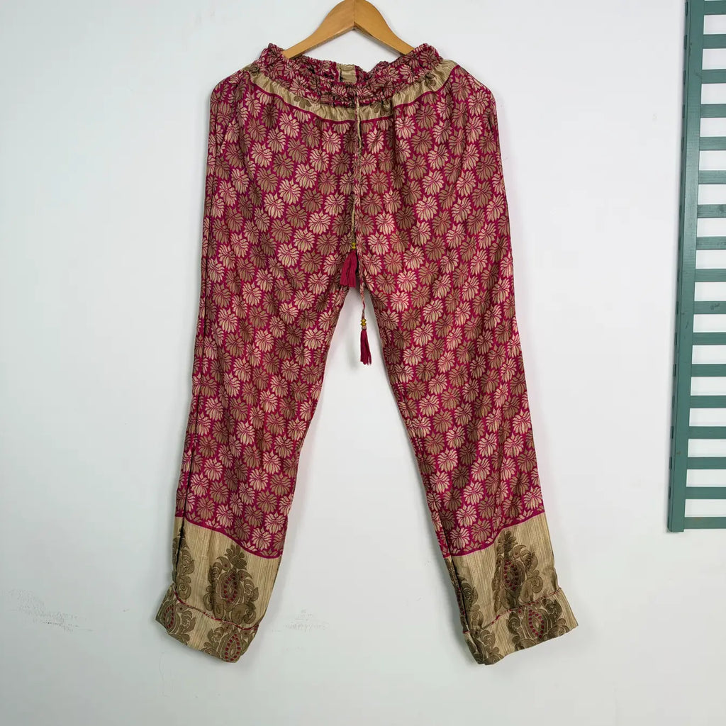 Silky Nightwear Pajama Set, Recycled Sari Silk Blend Luxury Lounge Set, Button Down Top, Drawstring Pants with Side Pockets, Gift