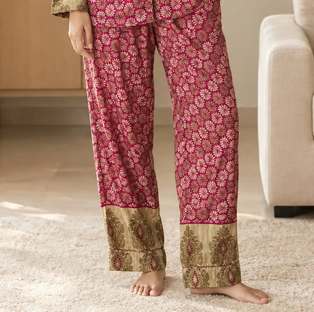 Silky Nightwear Pajama Set, Recycled Sari Silk Blend Luxury Lounge Set, Button Down Top, Drawstring Pants with Side Pockets, Gift