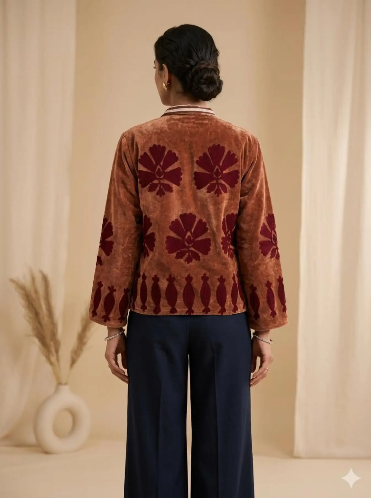 Boho Hand Embroidered Velvet Suzani Jacket Brown Floral Open Front Coat Winter Wear Free Size Robe Retro Chic Free Size Robe Blazer for Her