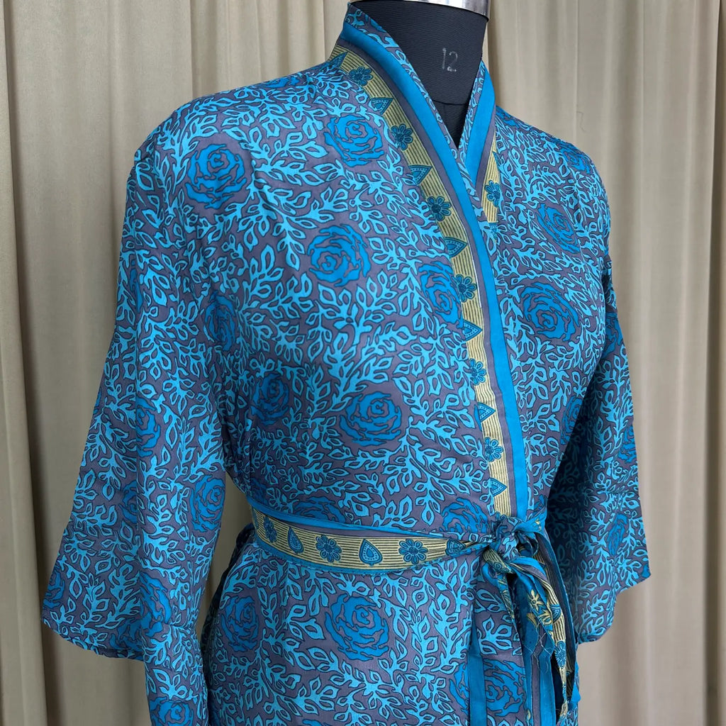 Vintage Silk Sari Boho Kimono | Luxury Loungewear House Robe Flowy Gown, Regal Floral Romance Duster Beach CoverUp, Bridesmaid Dressing Gown