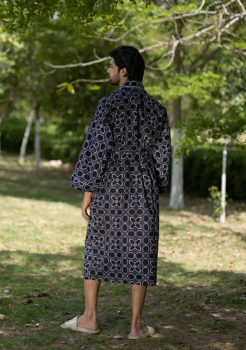 Pure Cotton Boho Men Kimono Robe | Geometric Luxury Dressing Gown Summer Loungewear, Onesie Unisex Bathrobe Relax Fit Beach Outfit Cardigan